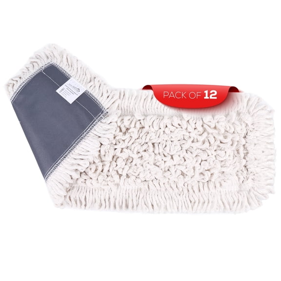 Kleen Handler 24 Inch Dust Mop Replacement Head, Looped End Cotton, Reusable Machine Washable, Fits Flat Mop Frame, For Hardwood Tile Vinyl Concrete Floors, Bulk 12 Pack