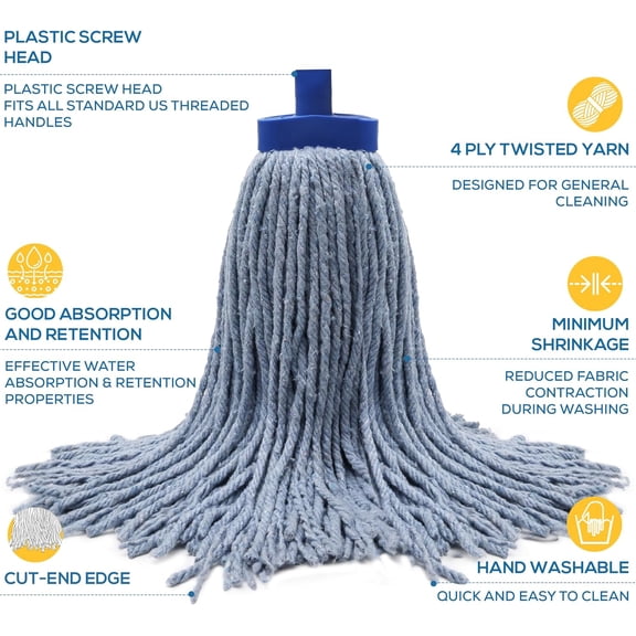 Kleen Handler Wet Mop Replacement Head Heavy Duty Cotton Blend, Screw-On Mop Refills with Plastic Socket, Fits Standard Threaded Handles, Commercial Cut-End Mop for Home or Business, Pack of 6