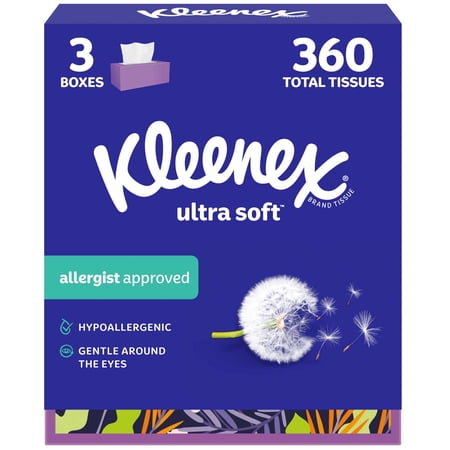 Kleenex Ultra Soft 3-Ply Flat Box Facial Tissues, 3 Pack (360 Total Tissues)