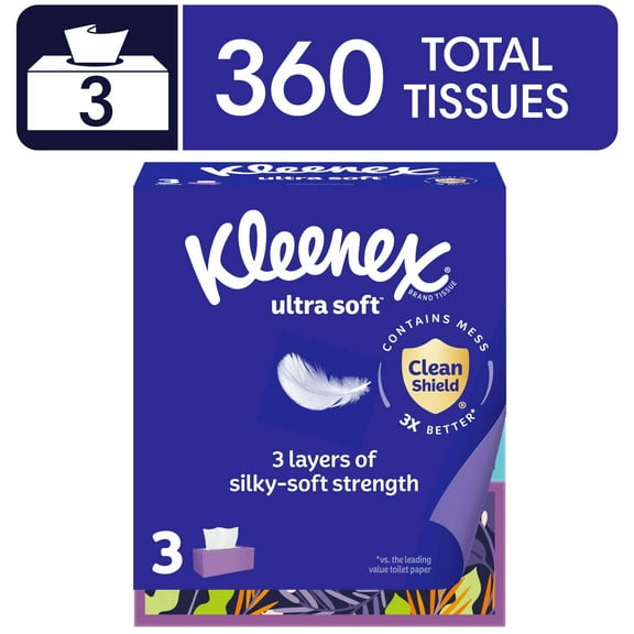 Kleenex Ultra Soft Facial Tissues, 3 Flat Boxes, 120 Tissues per Box, 3-Ply