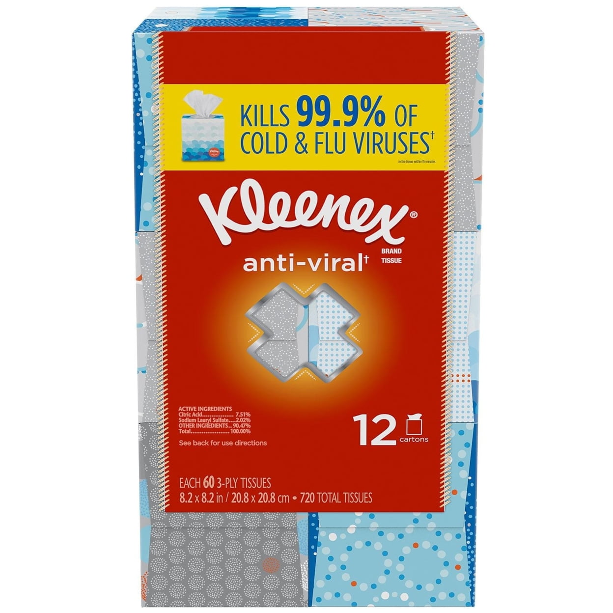 Kleenex Anti-Viral Facial Tissue, 3-Ply, Unscented, 12 Cube Boxes