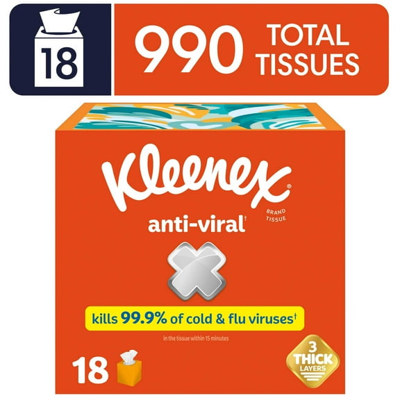 Kleenex Anti-Viral Facial Tissues, 18 Cube Boxes, 55 Tissues per Box, 3-Ply