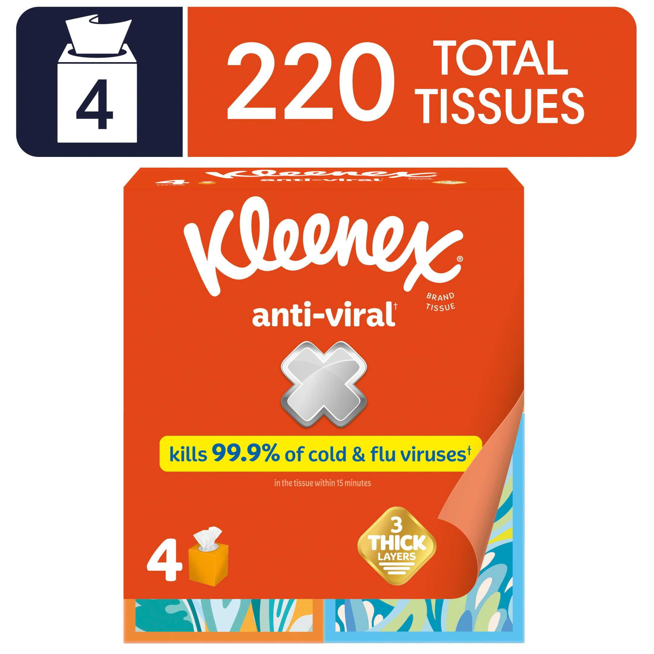 Kleenex Anti-Viral Facial Tissues, 4 Cube Boxes, 55 Tissues per Box, 3-Ply