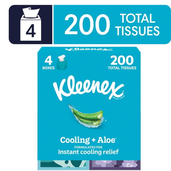 Kleenex Cooling + Aloe Facial Tissues, 4 Cube Boxes, 50 Tissues Per Box, 2-Ply