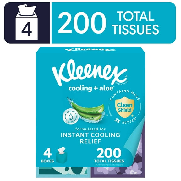 Kleenex Cooling + Aloe Facial Tissues, 4 Cube Boxes, 50 Tissues Per Box, 2-Ply
