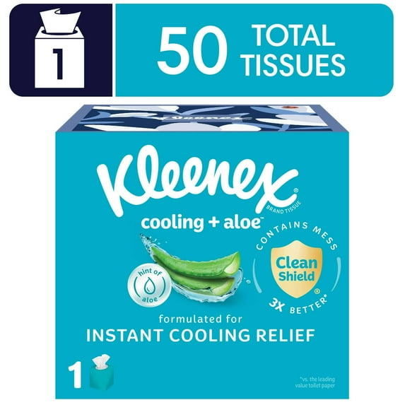 Kleenex Cooling + Aloe Facial Tissues, 1 Cube Box, 50 Tissues Per Box, 2-Ply, Pack of 1
