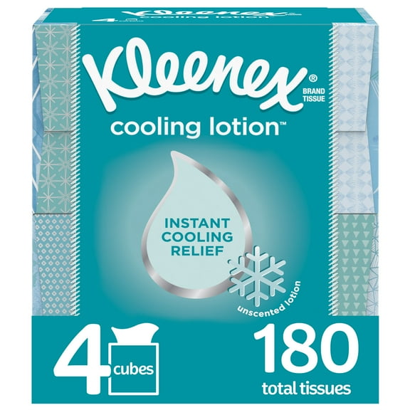 Kleenex Cooling Lotion Facial Tissues, 4 Cube Boxes, 45 Tissues per Box (180 Tissues Total), Coconut & Aloe
