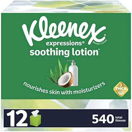 Kleenex Expressions Soothing Lotion Facial Tissues With Coconut Oil, Aloe & Vitamin E, 12 Boxes, 45 Tissues Per Box, 3-Ply (540 Total Tissues)