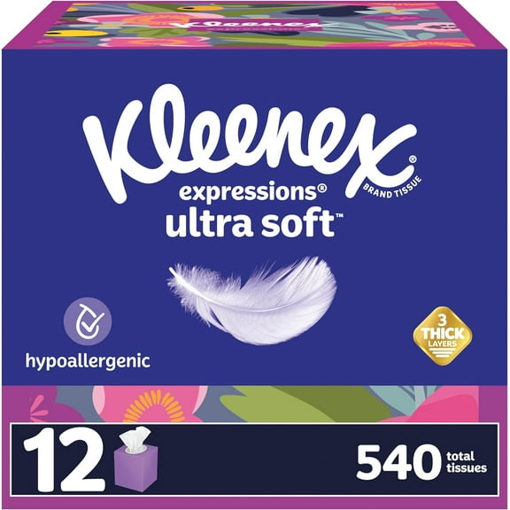 Kleenex Expressions Ultra Soft Facial Tissues, 12 Cube Boxes, 45 Tissues per Box, 3-Ply (540 Total Tissues), Packaging May Vary