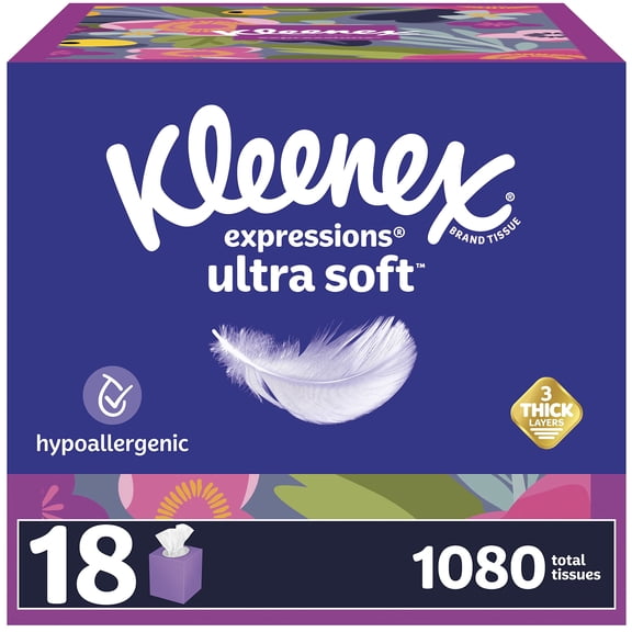 Kleenex Expressions Ultra Soft Facial Tissues, 18 Cube Boxes, 60 Tissues Per Box, 3-Ply (1,080 Total Tissues), Packaging May Vary
