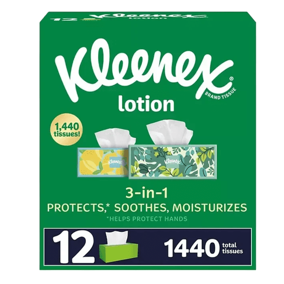 Kleenex Lotion 3-Ply Facial Tissues 12 boxes, 120 tissues/boxKleenex Lotion 3-Ply Facial Tissues 12 boxes, 120 tissues/box