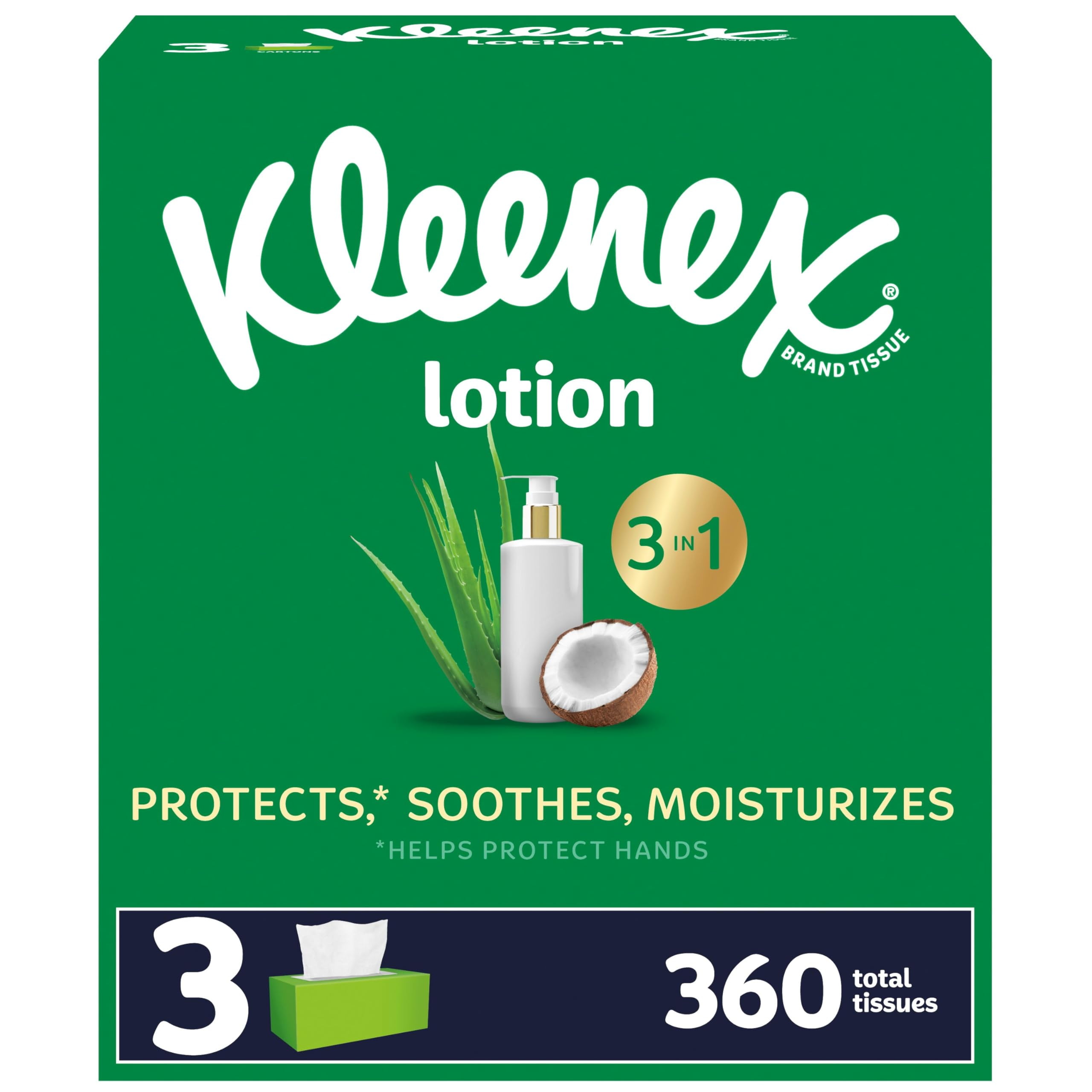 Kleenex Lotion Facial Tissues AIF4&nbsp;with Coconut Oil, 3 Flat Boxes, 120 Tissues Per Box, 3-Ply
