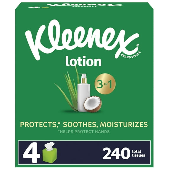 Kleenex Lotion Facial Tissues YPF5 with Coconut Oil, 4 Cube Boxes, 60 Tissues Per Box, 3-Ply