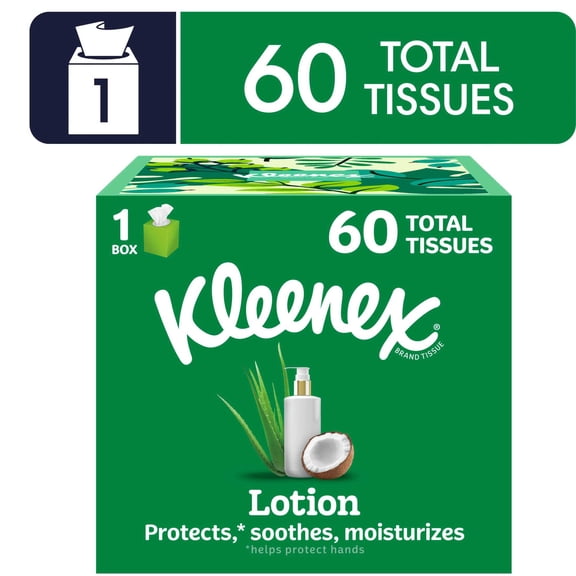 Kleenex Lotion Facial Tissues with Coconut Oil, 1 Cube Box, 60 Tissues per Box, 3-Ply