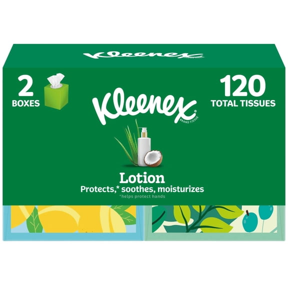 Kleenex Lotion Facial Tissues with Coconut Oil, 2 Cube Boxes, 60 Tissues per Box, 3-Ply