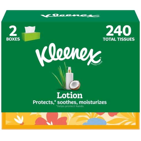 Kleenex Lotion Facial Tissues with Coconut Oil, 2 Flat Boxes, 120 Tissues per Box, 3-Ply