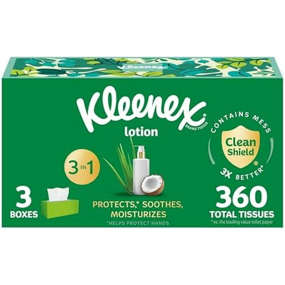Kleenex Lotion Facial Tissues with Coconut Oil, 3 Flat Boxes, 120 Tissues Per Box, 3-Ply