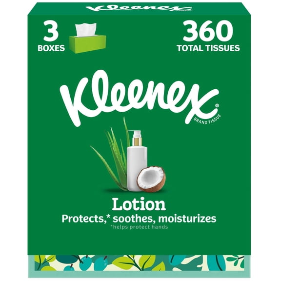 Kleenex Lotion Facial Tissues with Coconut Oil, 3 Flat Boxes, 120 Tissues per Box, 3-Ply