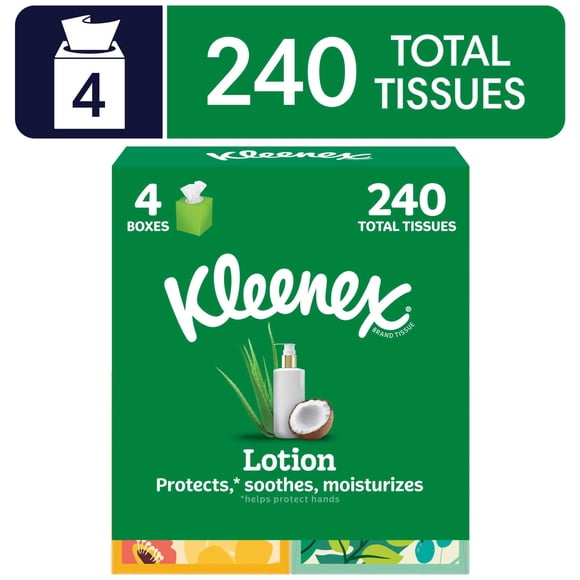 Kleenex Lotion Facial Tissues with Coconut Oil, 4 Cube Boxes, 60 Tissues per Box, 3-Ply