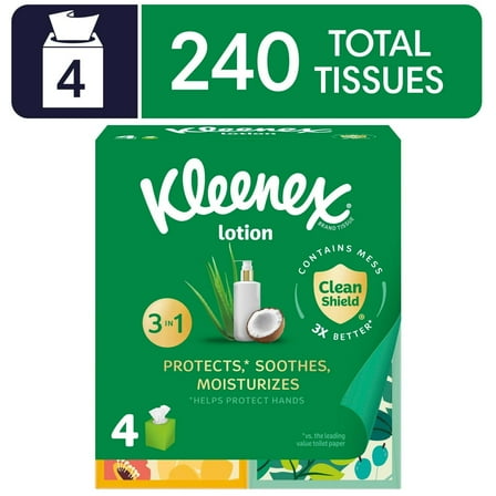 Kleenex Lotion Facial Tissues with Coconut Oil, 4 Cube Boxes, 60 Tissues per Box, 3-Ply