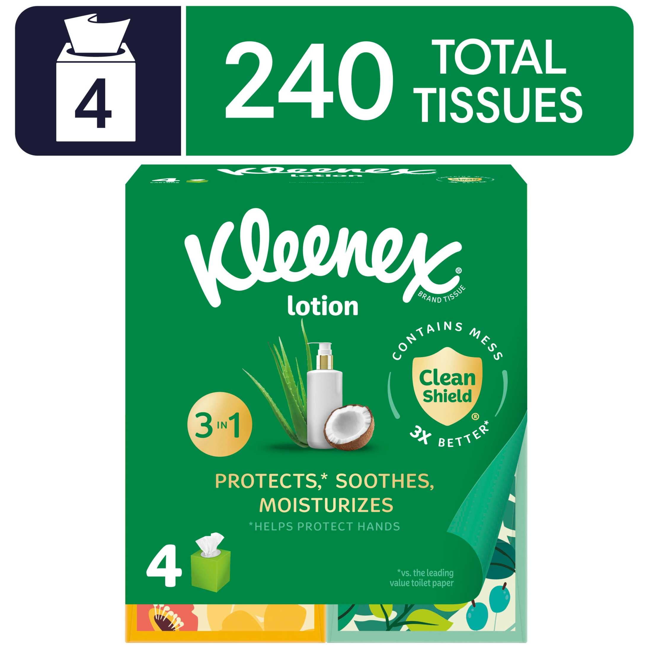 Kleenex Lotion Facial Tissues with Coconut Oil, 4 Cube Boxes, 60 Tissues per Box, 3-Ply