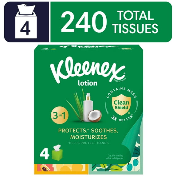 Kleenex Lotion Facial Tissues with Coconut Oil, 4 Cube Boxes, 60 Tissues per Box, 3-Ply