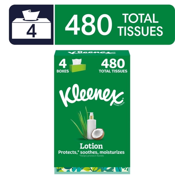Kleenex Lotion Facial Tissues with Coconut Oil, 4 Flat Boxes, 120 Tissues Per Box, 3-Ply