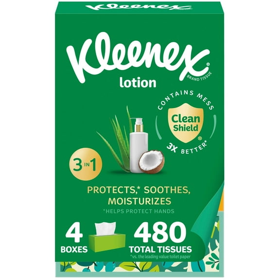 Kleenex Lotion Facial Tissues with Coconut Oil, 4 Flat Boxes, 120 Tissues Per Box, 3-Ply