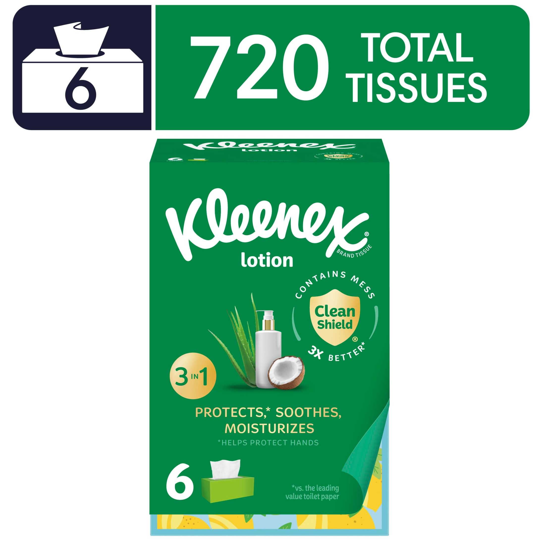 Kleenex Lotion Facial Tissues with Coconut Oil, 6 Flat Boxes, 120 Tissues Per Box, 3-Ply