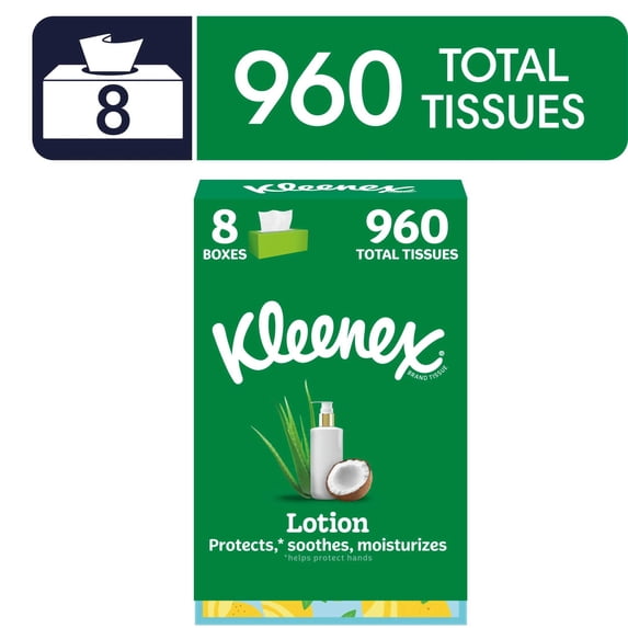 Kleenex Lotion Facial Tissues with Coconut Oil, 8 Flat Boxes, 120 Tissues Per Box, 3-Ply