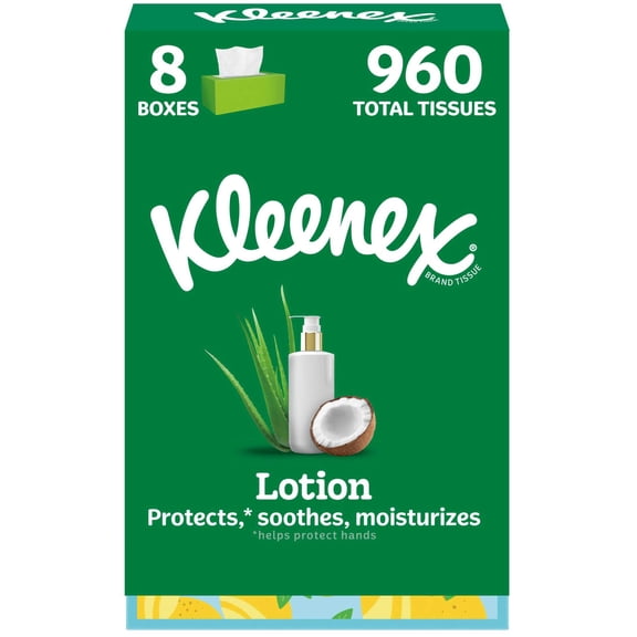 Kleenex Lotion Facial Tissues with Coconut Oil, 8 Flat Boxes, 120 Tissues Per Box, 3-Ply