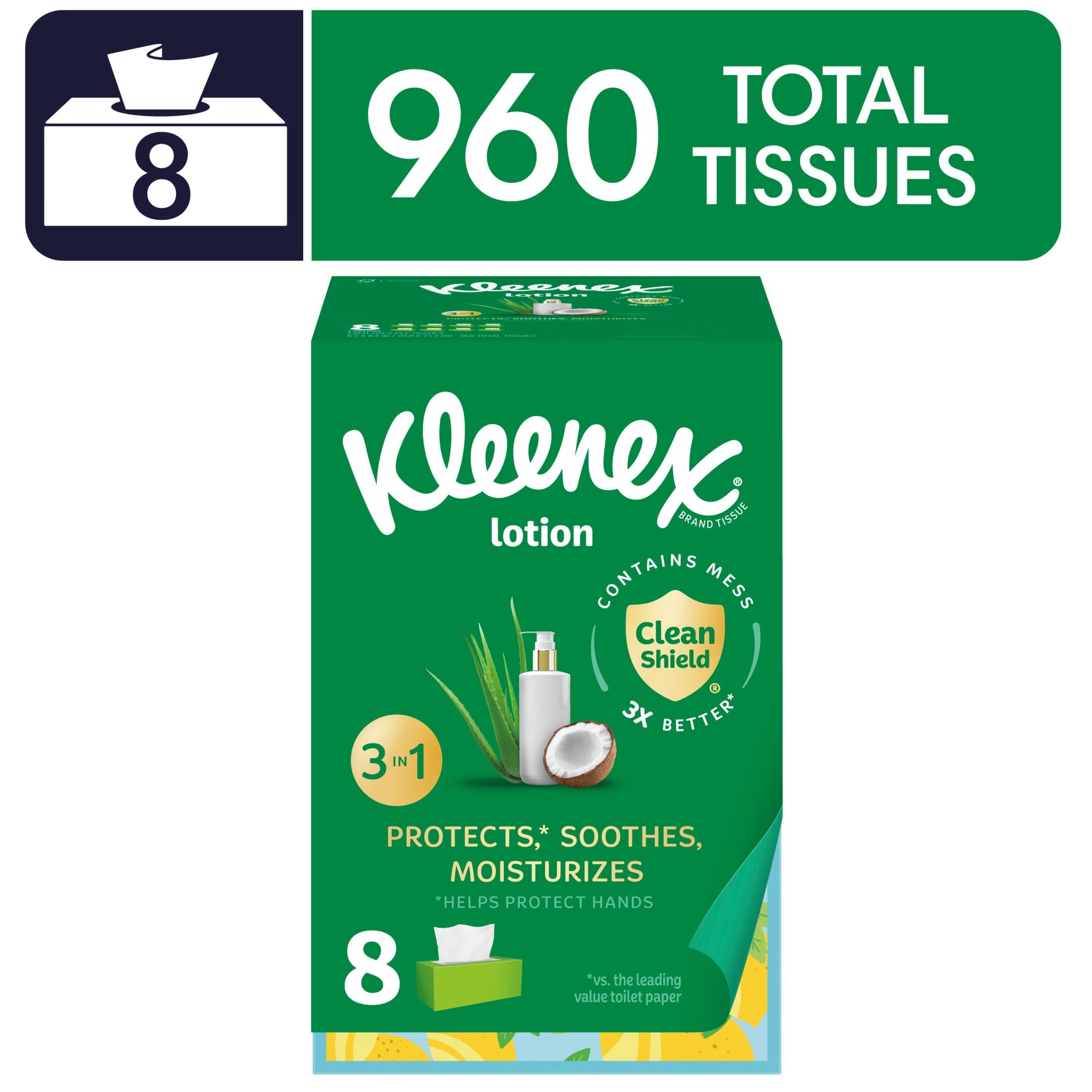 Kleenex Lotion Facial Tissues with Coconut Oil, 8 Flat Boxes, 120 Tissues Per Box, 3-Ply