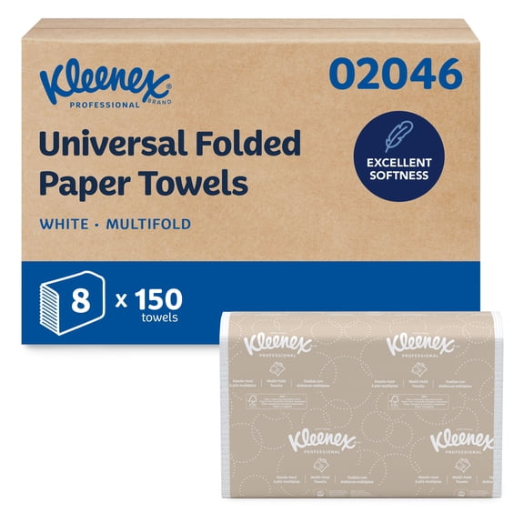 Kleenex Universal Multifold Paper Towels, Bulk (02046), 9.2" x 9.4" Sheets, White, (150 Sheets/Pack, 8 Packs/Case, 1,200 Sheets/Case)