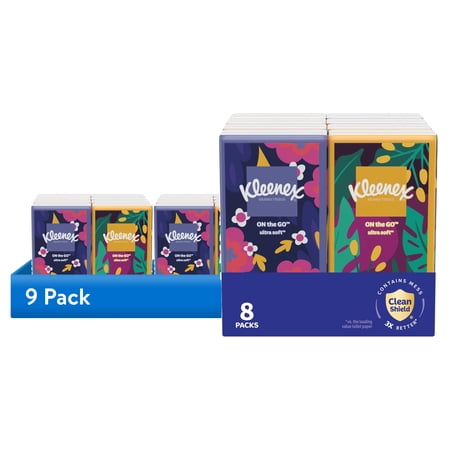 (9 pack) Kleenex On-The-Go Facial Tissues, 8 On-The-Go Packs, 10 Tissues per Pack, 3-Ply