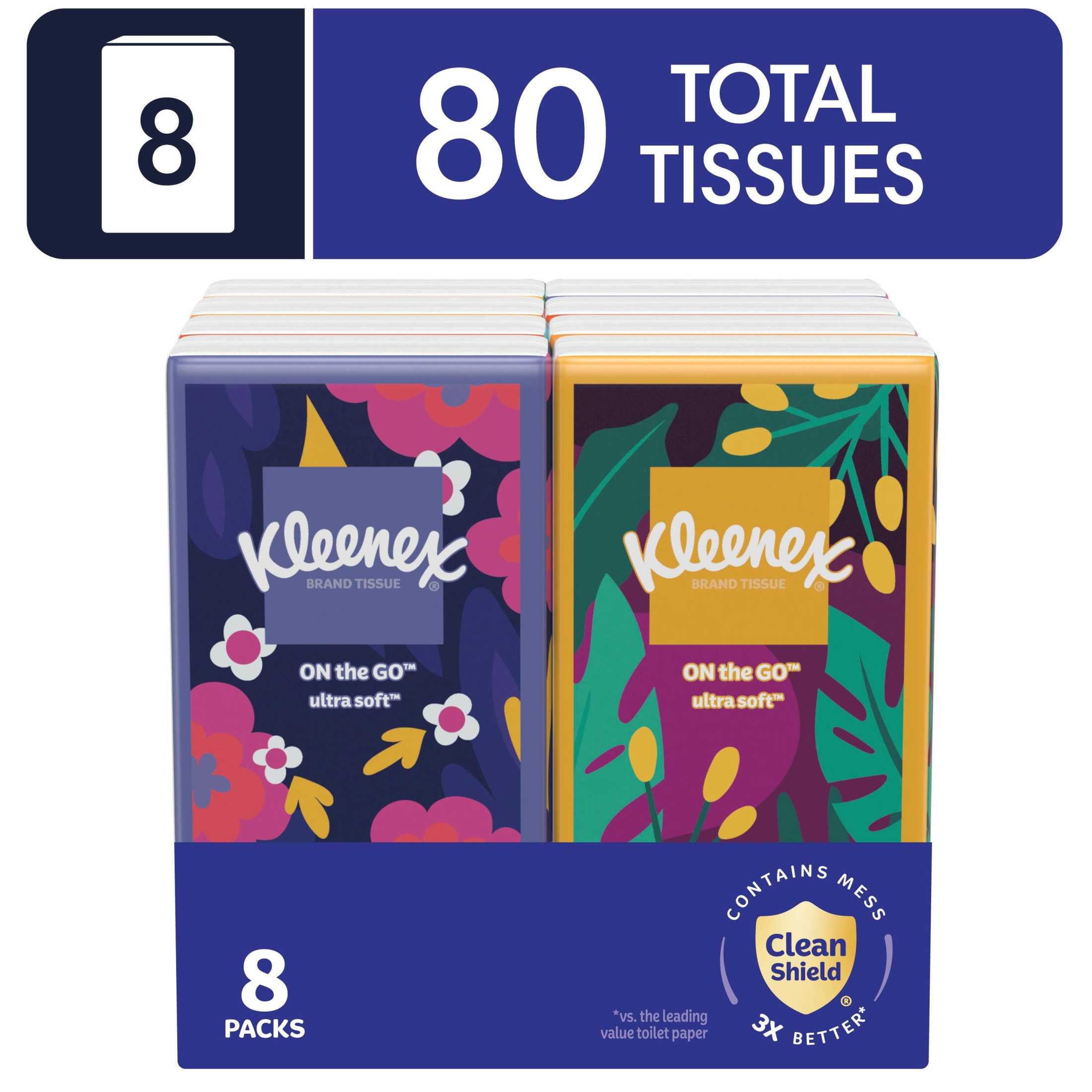 Kleenex On-The-Go Facial Tissues, 8 On-The-Go Packs, 10 Tissues per Pack, 3-Ply