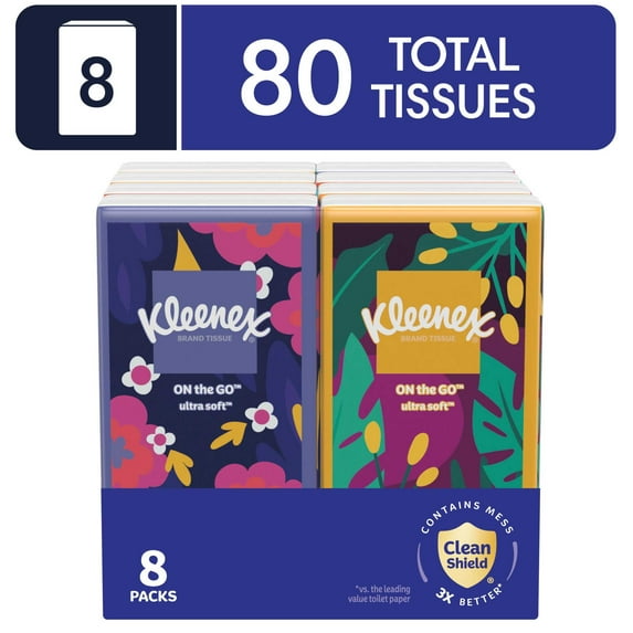 Kleenex On-The-Go Facial Tissues, 8 On-The-Go Packs, 10 Tissues per Pack, 3-Ply