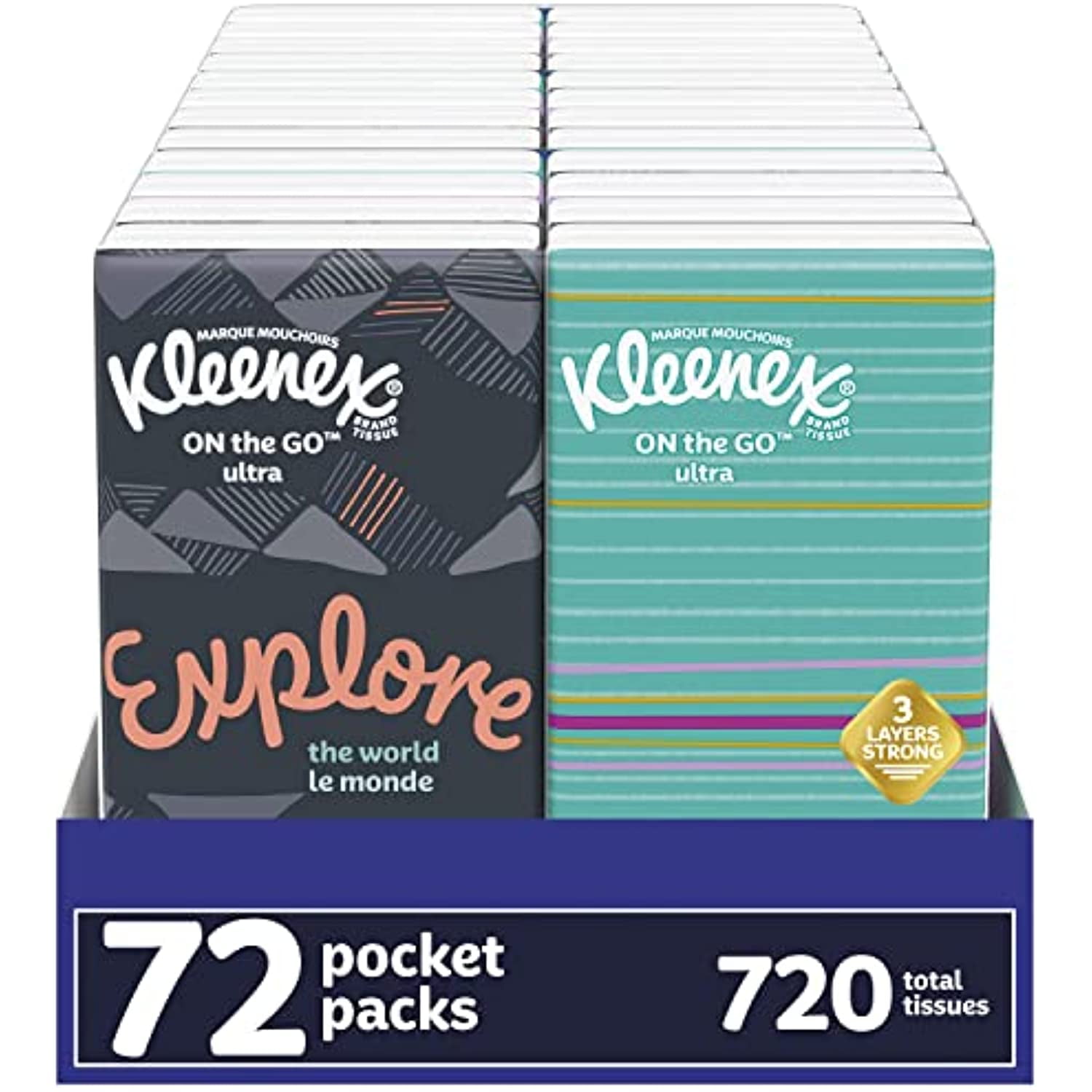Kleenex On-The-Go 3-Ply Facial Tissues, 72 Mini Packs, 10 Tissues