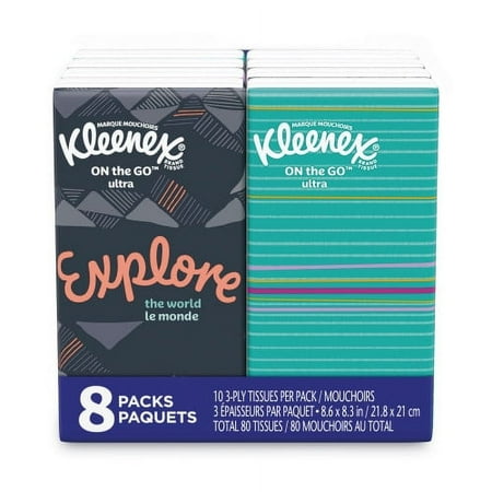 New Kleenex On The Go Packs Facial Tissues, 3-Ply, White, 10 Sheets/Pouch, 8 Pouches/Pack,Each