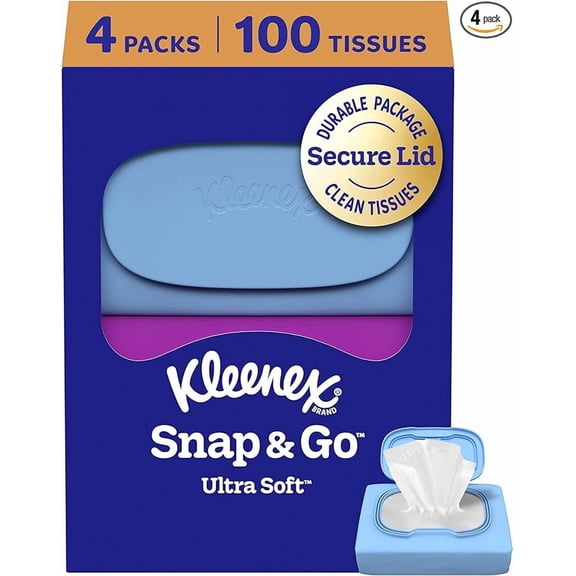 Kleenex Snap & Go Ultra Soft Facial Tissues, 4 On-the-Go Packs, 25 Tissues per Pack, 3-Ply, Packaging May Vary
