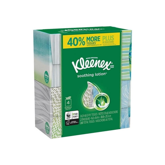 Kleenex Soothing Lotion Facial Tissues, 4 Cube Boxes, 65 White Tissues per Box, 3-Ply (260 Total)