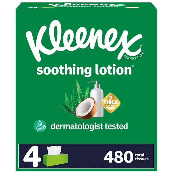 Kleenex Soothing Lotion Facial Tissues With Coconut Oil, 4 Flat Boxes, 120 Tissues Per Box, 3-Ply (480 Total Tissues), Packaging May Vary