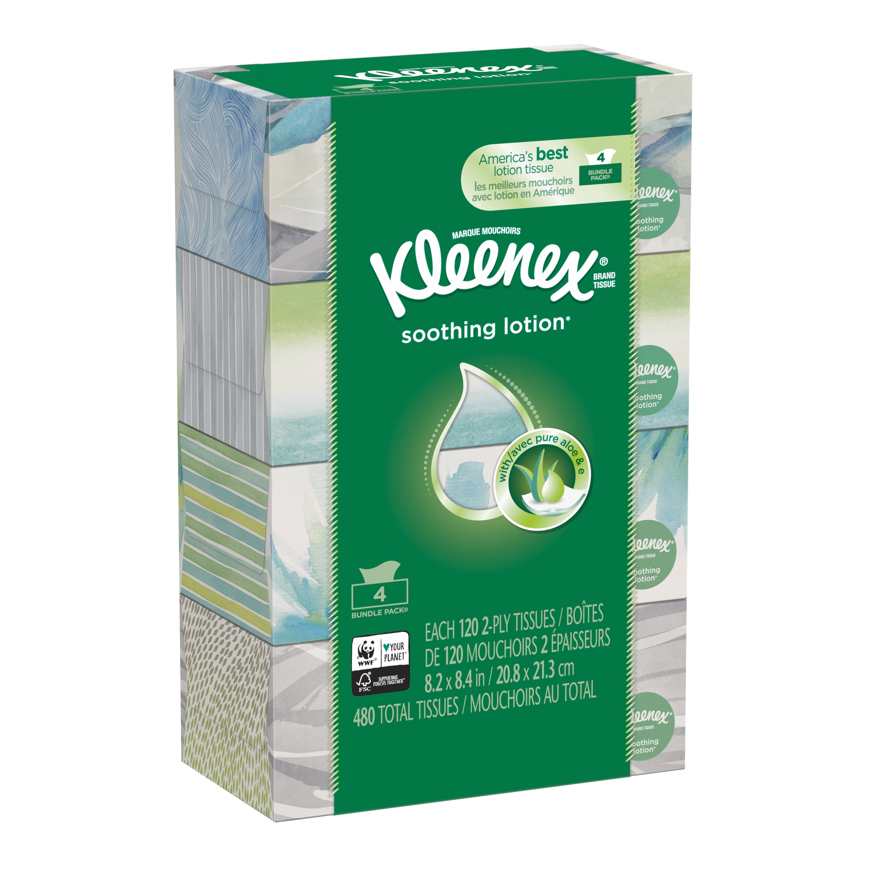 Kleenex Soothing Lotion Facial Tissues with Aloe & Vitamin E, 4 Flat Boxes, 120 White Tissues per Box, 3-Ply (480 Total)