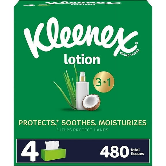 Kleenex Soothing Lotion Facial Tissues with Coconut Oil, 4 Flat Boxes, 120 Tissues per Box, 3-Ply (480 Total Tissues), Packaging May Vary