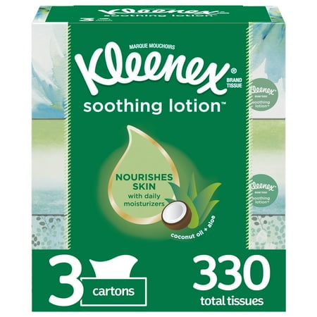 Kleenex Soothing Lotion Facial Tissues with Coconut Oil, Aloe & Vitamin E, 3 Flat Tissue Boxes, 110 Tissues per Box (330 Tissues Total)