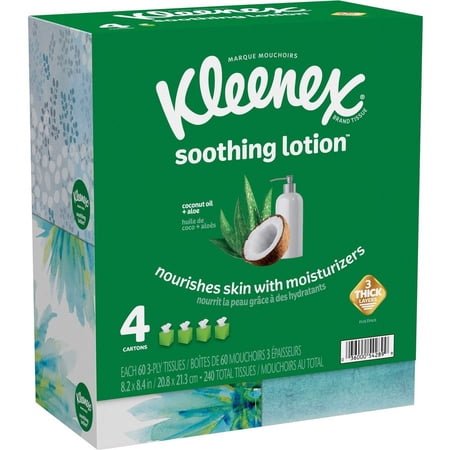Kleenex Soothing Lotion Tissues - 3 Ply - White - Moisturizing, Soft - For Face, Home, Office, Business, Skin - 60 Per Box - 4 / Pack | Bundle of 2 Packs
