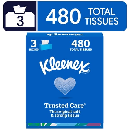 Kleenex Trusted Care 2-Ply Flat Box Facial Tissues, 3 Pack (480 Total Tissues)