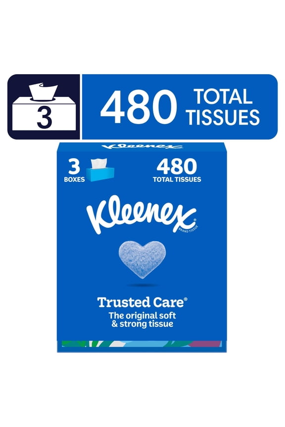 Trusted Care 2-Ply Flat Box Facial Tissues, 3 Pack (480 Total Tissues)