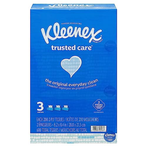 Kleenex Trusted Care 2-Ply Facial Tissues, 3 Flat Boxes, 600 Total Tissues