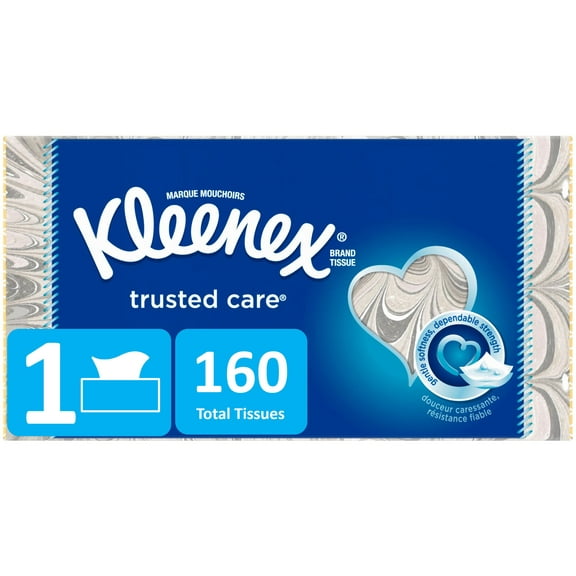 Kleenex Trusted Care Everyday Facial Tissues, 1 Flat Box (160 Total Tissues)