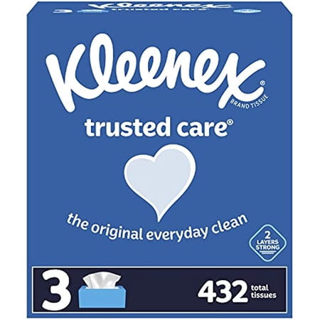 Kleenex Trusted Care Everyday Facial Tissues, 3 Rectangular Boxes, 144 Tissues Per Box (432 Tissues Total)